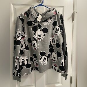 NWT Disney 1X Juniors Hoodie Mickey Mouse Faces Sweatshirt Semi Crop Hooded